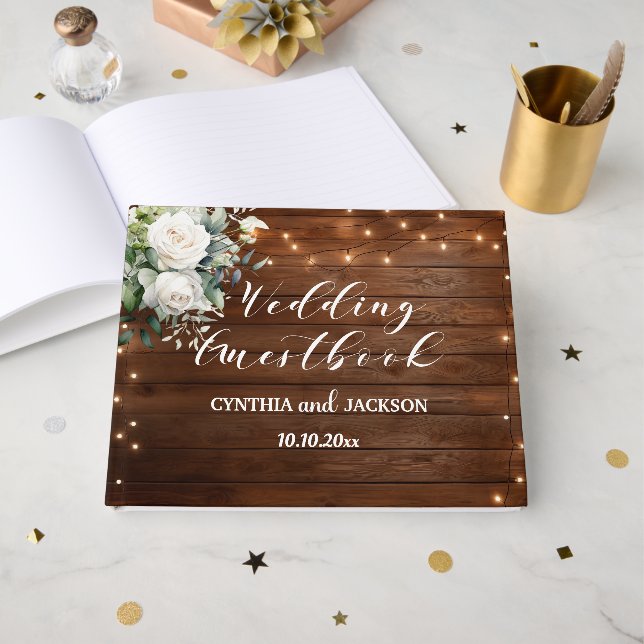 Braun Holz Rustikale Streichellichter Blumenzehen Gästebuch (Vorderseite Offen)