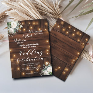 Braun Holz String Lights White Roses Wedding Einladung