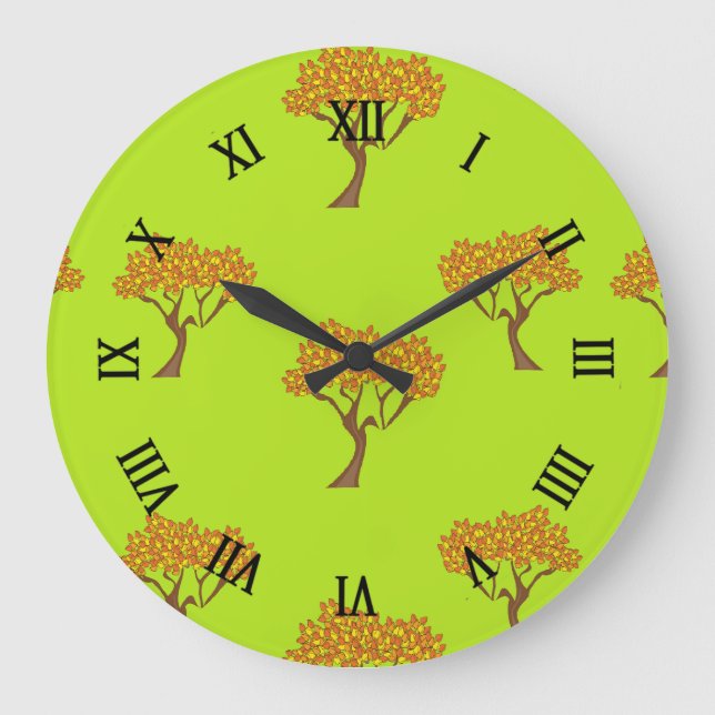 Braun im Herbst verlasse Bäume auf grün Große Wanduhr (Vorderseite)