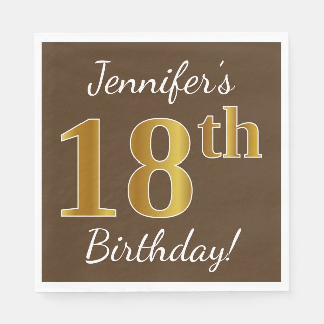 Braun, Imitate Gold 18. Geburtstag + Individuelle  Serviette (Vorderseite)