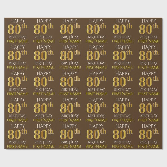 Braun, Imitate Gold "HAPPY 80. BIRTHDAY" Geschenkpapier (Flach)