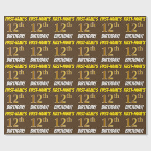 Braun, Imitate/Nachahmungs-Gold, "12. GEBURTSTAG" Geschenkpapier