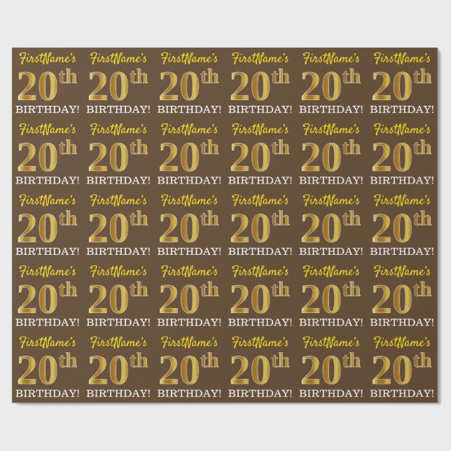 Braun, Imitation Gold Look "20. GEBURTSTAG" Geschenkpapier (Flach)