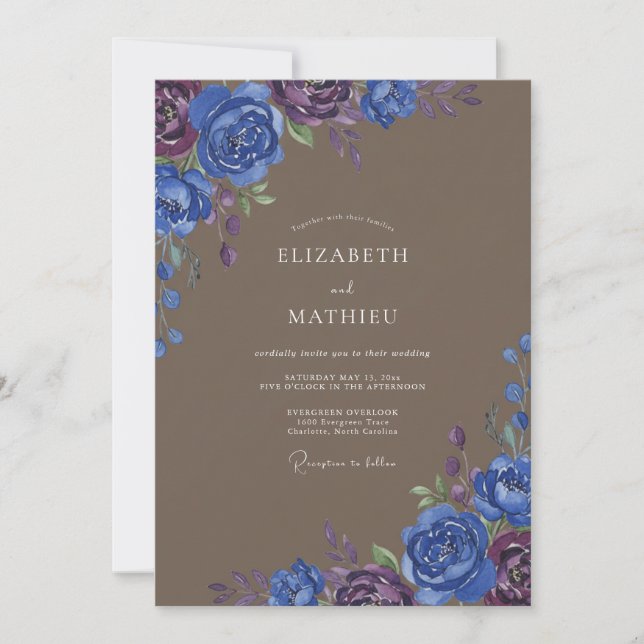 Braun-indigo-Petal-Hochzeit Einladung (Vorderseite)