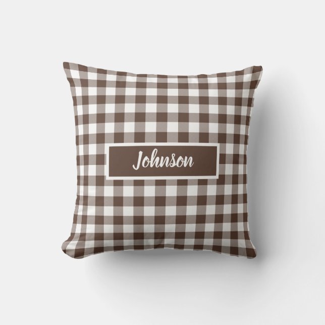 Braun kariert Gingham anpassbar Kissen (Vorderseite)