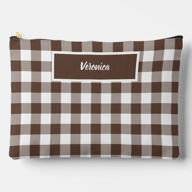 Braun kariert Gingham personalisiert Zubehörtasche (Vorderseite)