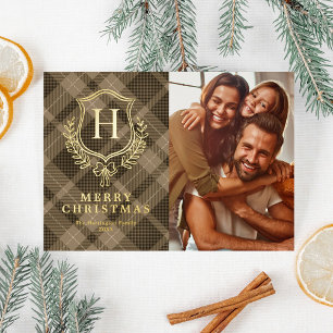 Braun kariert Monogramm Foto Weihnachten Folien Feiertagskarte