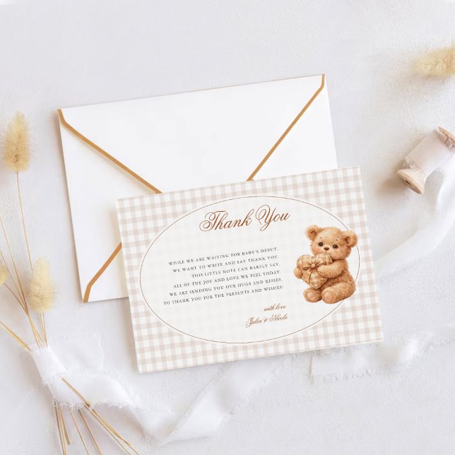 Braun kariert Teddybär Neutral Baby Shower Papier Dankeskarte (Von Creator hochgeladen)