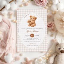Braun kariert Teddybär Neutral Baby Shower Papier