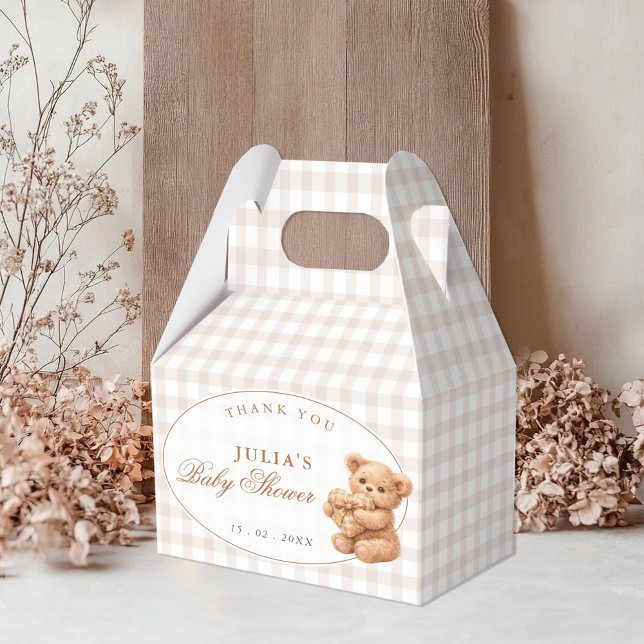 Braun kariert Teddybär Neutral Baby Shower Papier Geschenkschachtel (Von Creator hochgeladen)