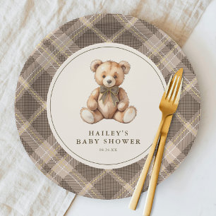 Braun karierter Teddybär-Baby-Party im Vintage-Sti Pappteller