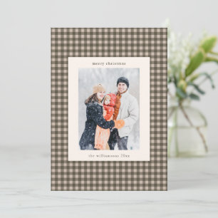 Braun kariertes Weihnachtsfoto mit Taupe-Familienb Feiertagskarte