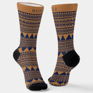 Braun Kupfer Dunkelnavyblau Aztekisches Muster Socken