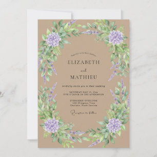 Braun-lila Hortensien-Eukalyptus-Hochzeit Einladung
