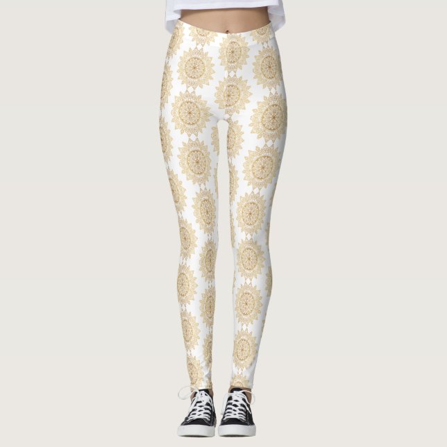Braun Mandala Muster auf weißem Hintergrund Elegan Leggings (Vorderseite)