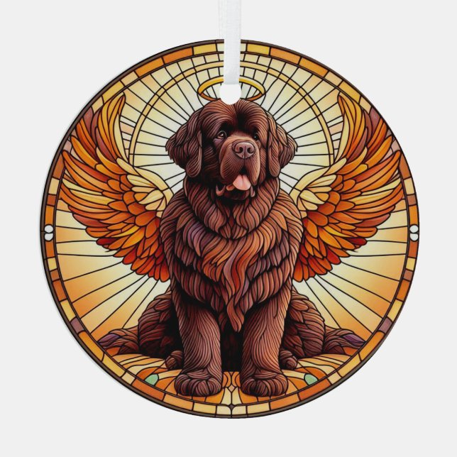 Braun Newfie Angel Rundweg Ornament Aus Glas (Rückseite)