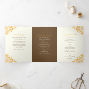 Braun-orange-Monogramm-Geschichte Widmung Hochzeit Dreifach-gefaltete Programmkarte