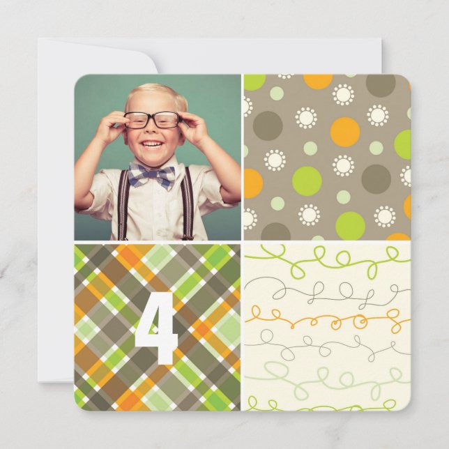 Braun Patchwork Muster Quadrate Junge Foto Geburts Einladung (Vorderseite)