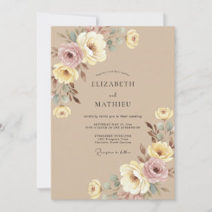 Braun Romantische Aquarell-Blumenhochzeit Einladung