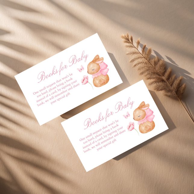 Braun-Rosa-Bug Babydusche Anfrage Begleitkarte (Bunny pink bow baby shower book request enclosure cards  cute bunny books for baby cards)