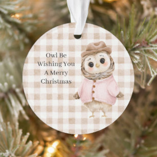 Braun-Rosa-Creme-Karo-Streifen-Eule-Weihnachten Ornament