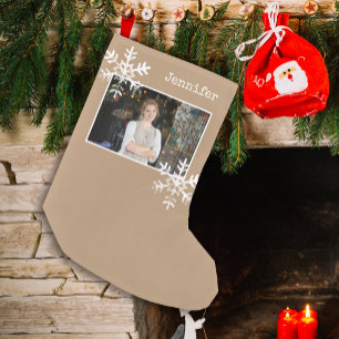 Braun-rustikaler Schneestern mit individuellem Fot Kleiner Weihnachtsstrumpf