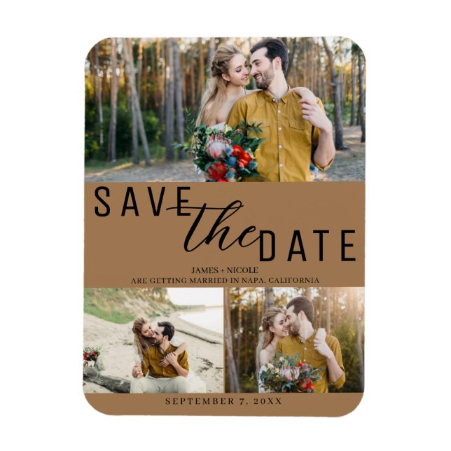 Braun Save the Date Hochzeit 3 Fotos Magnet (Vertikal)