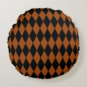 Braun Schwarz Harlekin Diamanten Damebrett Design Rundes Kissen