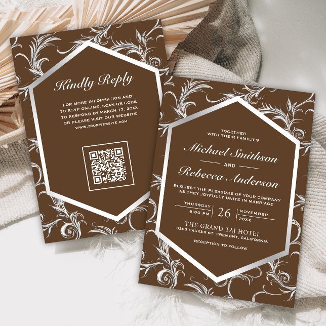Braun Silber Schwung Wirbel QR-Code Hochzeit Einladung (Von Creator hochgeladen)