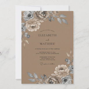 Braun-silberne Ranunculus-Eukalyptus-Hochzeit Einladung