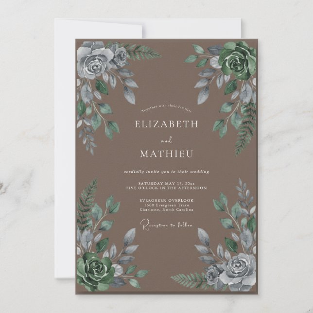 Braun-silbrige Hochzeit mit Blättern Einladung (Vorderseite)