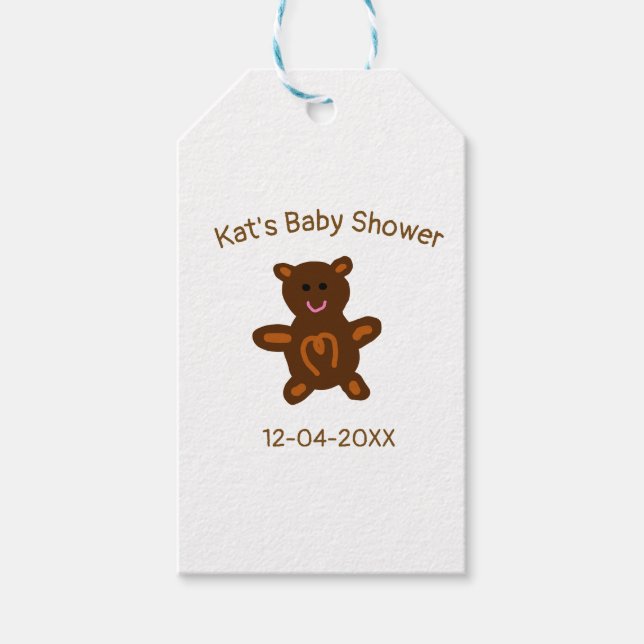 Braun Teddy Bären Babydusche hinzufügen Name Datum Geschenkanhänger (Vorderseite)