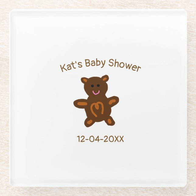 Braun Teddy Bären Babydusche hinzufügen Name Datum Glasuntersetzer (Vorderseite)