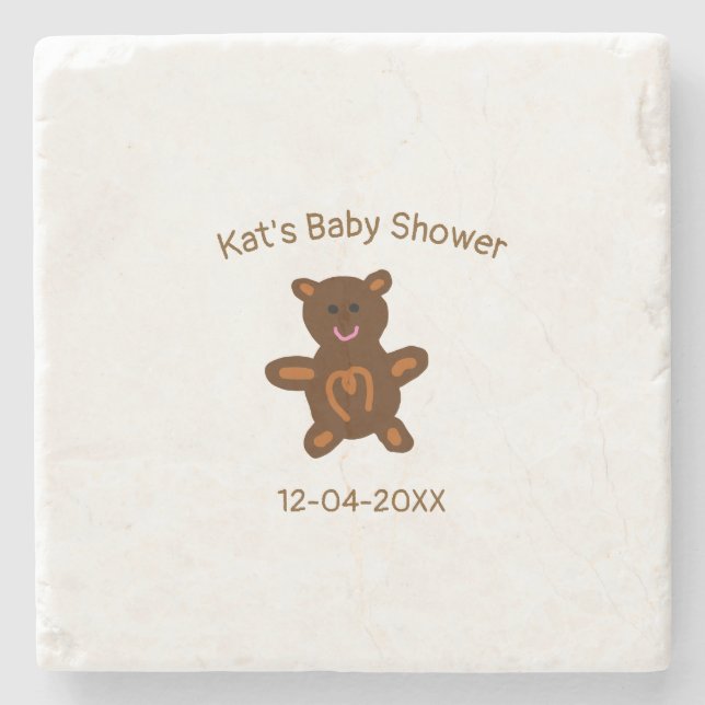 Braun Teddy Bären Babydusche hinzufügen Name Datum Steinuntersetzer (Vorderseite)