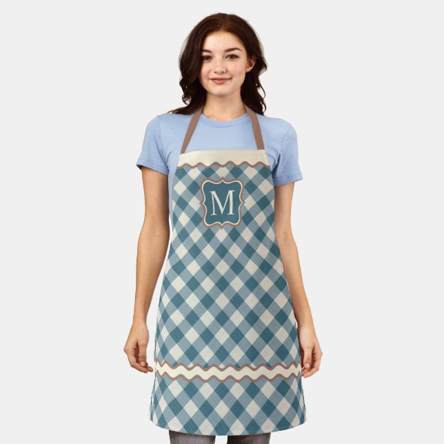 Braun Türkis Blau Elfenbein Gingham Schürze (Getragen)