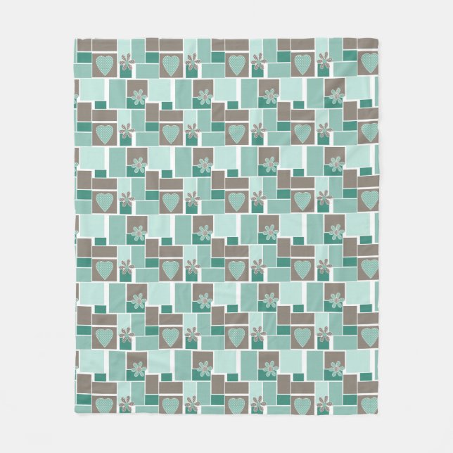 Braun Türkis Patchwork aus quadratischen Flicken  Fleecedecke (Vorderseite)