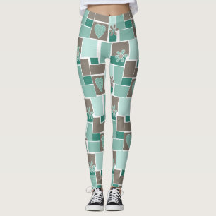 Braun Türkis Patchwork aus quadratischen Flicken  Leggings