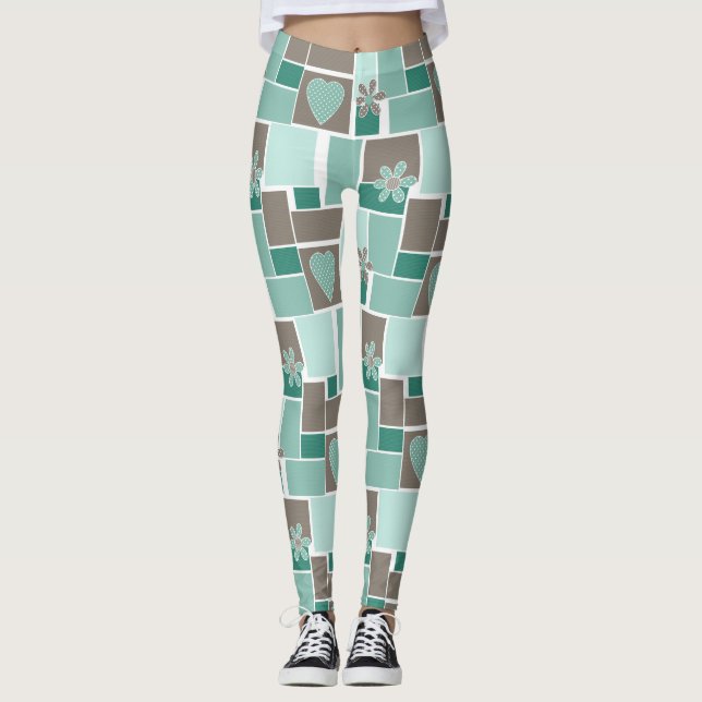 Braun Türkis Patchwork aus quadratischen Flicken  Leggings (Vorderseite)