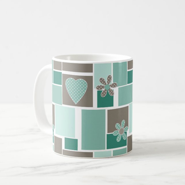 Braun Türkis Patchwork aus quadratischen Patches  Kaffeetasse (Vorderseite Links)