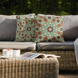 Braun Türkis Rot Orange Mandala Stammeskunst Kissen