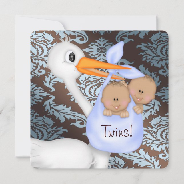 Braun und Baby Blue Damask Zweiwindusche Einladung (Vorderseite)