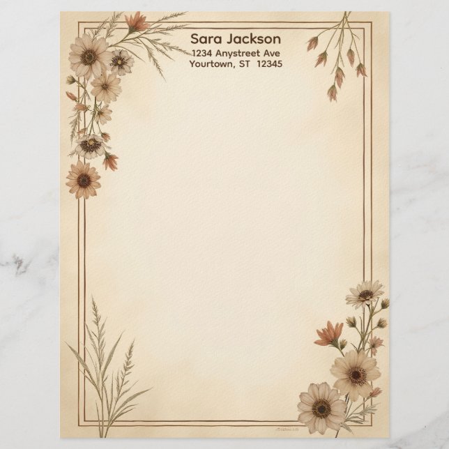 Braun und Beige Blumen und Gras Briefpapier (Vorderseite)