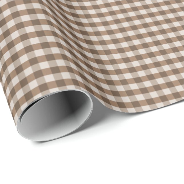 Braun- und cremefarbene Gingham-Karo-Muster-Gesche Geschenkpapier (Rolleneckpunkt)