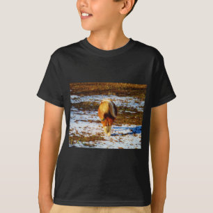 Braun und cremefarbenes Miniaturpferd im Schnee. T-Shirt