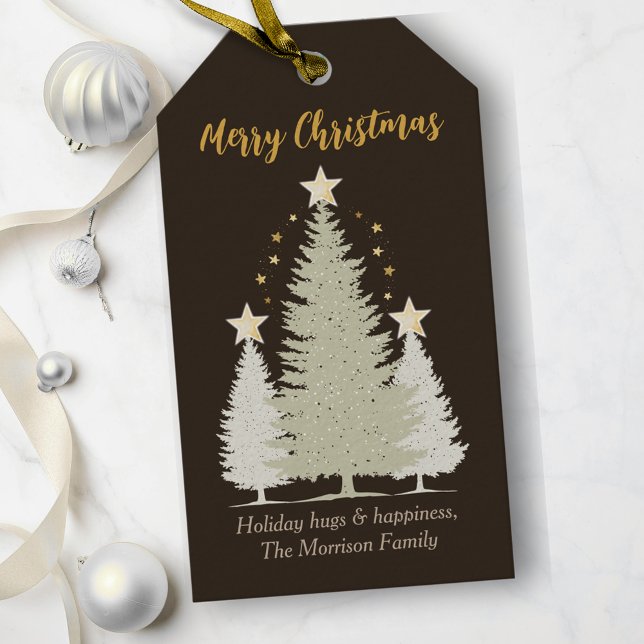Braun und Gold Weihnachtsbaum und Sterne Geschenkanhänger (Brown and Gold Christmas Tree and Stars Gift Tags)