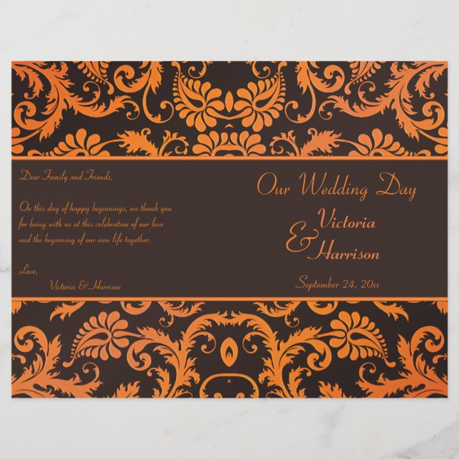 Braun und Orange Damask Hochzeitsprogramm (Vorderseite)