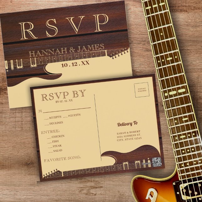 Braun- und Rotweingitarre für Hochzeiten RSVP Postkarte (Brown & Red Wood Guitar Wedding RSVP Postcard)