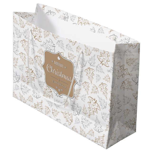 Braun und Silber Elegantes Weihnachtsbaummuster Große Geschenktüte (Vorderseite Schrägansicht)