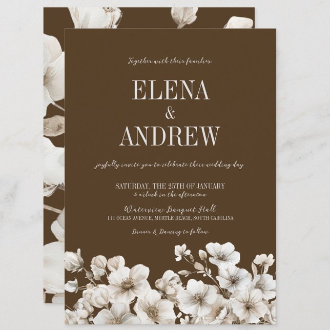 Braun- und Weißblütenhochzeit Einladung (Elegant Brown & White Floral Wedding Invitation, Winter Wedding, Fall Autumn, Love in Bloom)