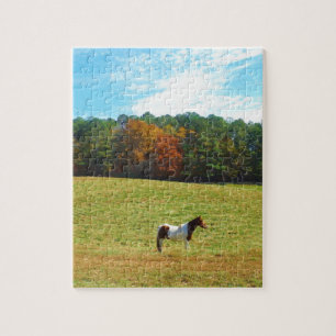 Braun- und Weißpferd, Herbstbäume, blauer Himmel Puzzle